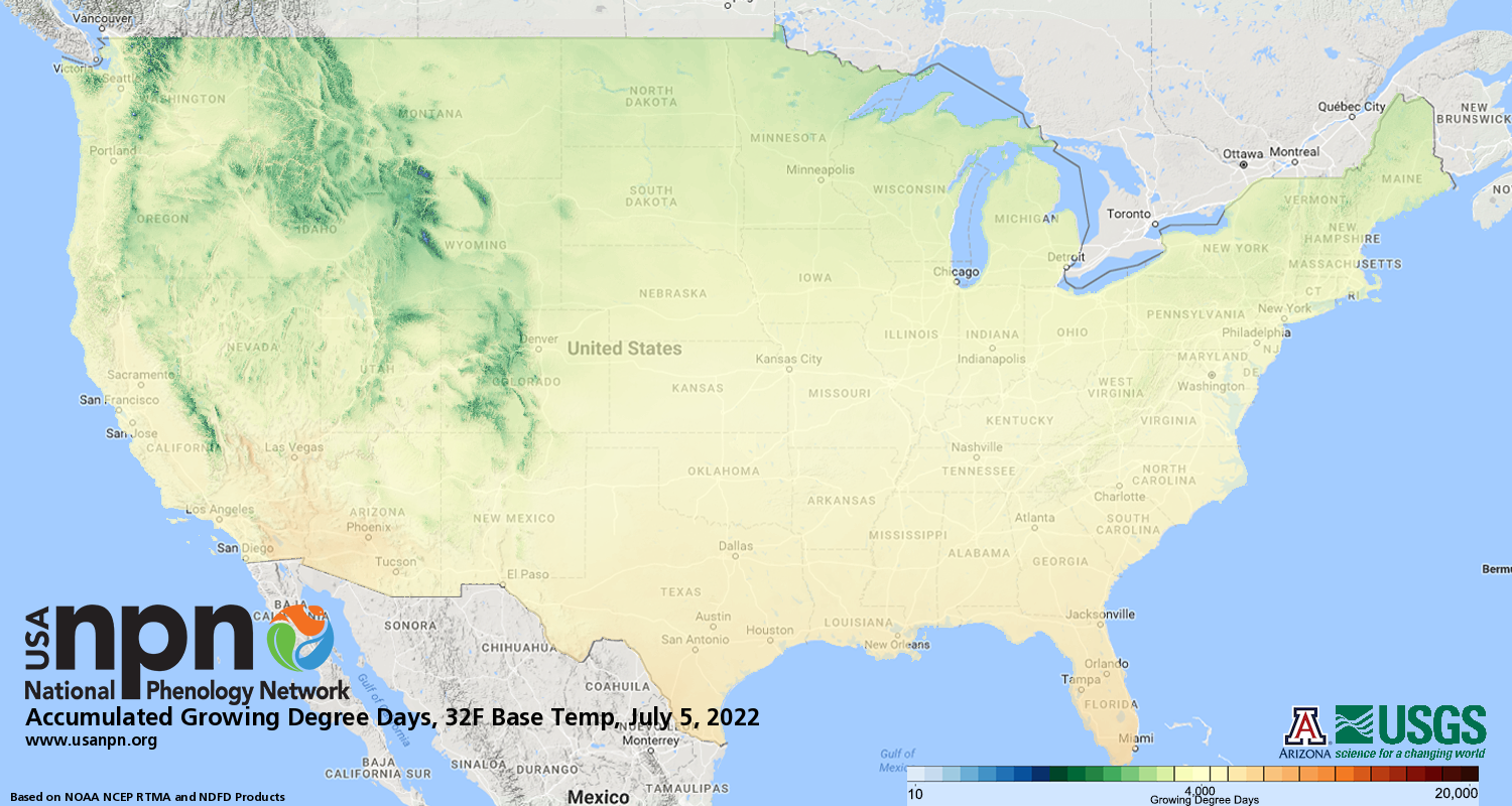 Accumulated Growing Degree Day map 32 F base temp, July 5, 2022